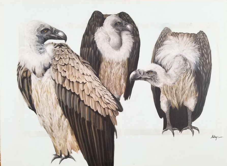 A painting of three vultures.