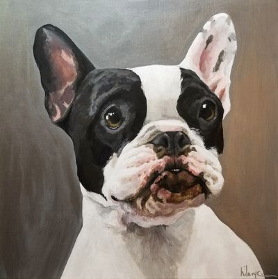 A painting of a dog named petal.