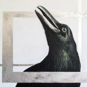 A painting of a crow against an off-white background.