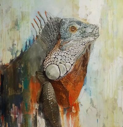 A colorful painting of a lizard.